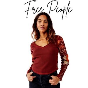 Free People Maroon Floral Long Sleeve Top
